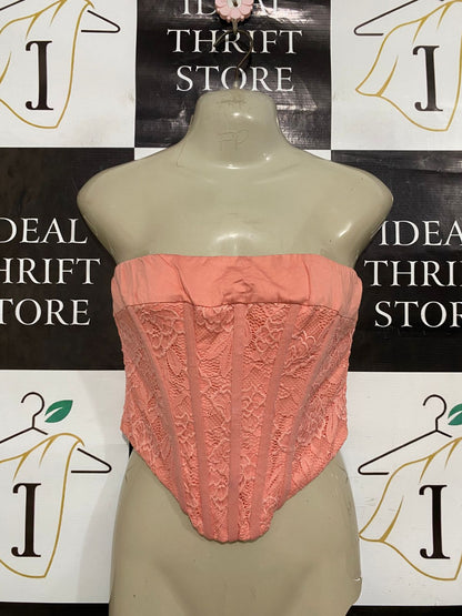 WHOIAM |S| BUST 14| A32| PEACH LACE BONED STRAPLESS CORSET TOP
