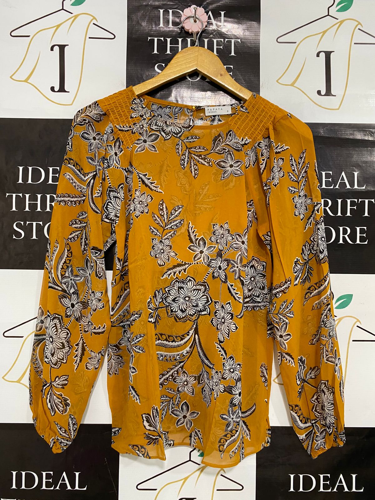 PAPAYA |S| BUST 17| A32| MUSTARD YELLOW & BLACK FLORAL LONG-SLEEVE SMOCKED-SHOULDER BLOUSE