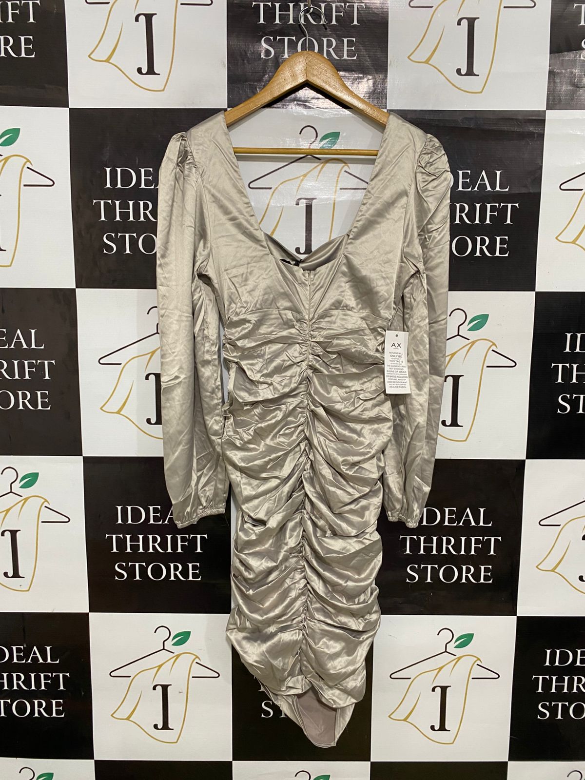 AX PARIS |M| BUST 15| A32| CHAMPAGNE SATIN RUCHED SQUARE-NECK LONG-SLEEVE MIDI DRESS