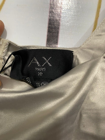 AX PARIS |M| BUST 15| A32| CHAMPAGNE SATIN RUCHED SQUARE-NECK LONG-SLEEVE MIDI DRESS