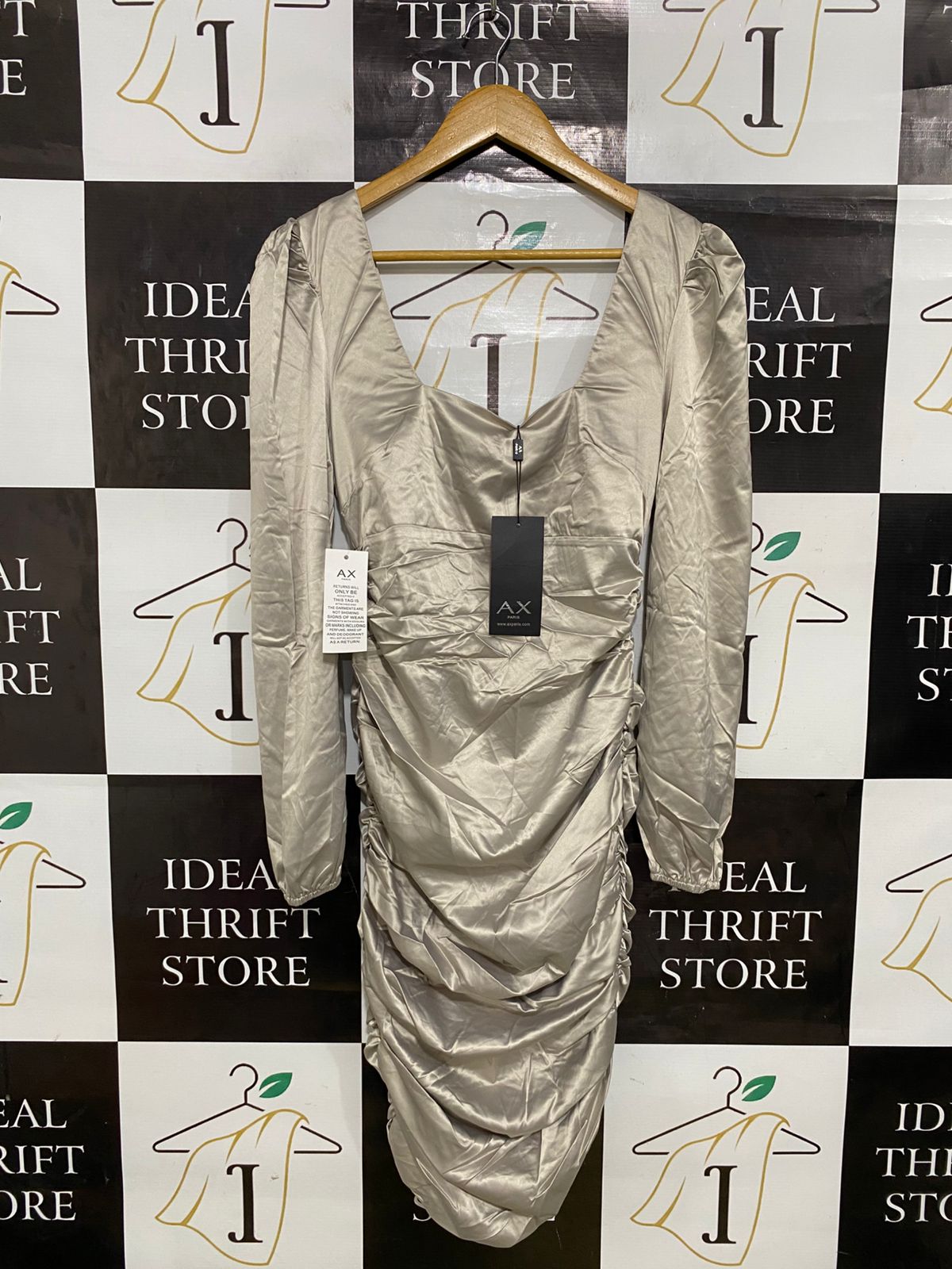 AX PARIS |M| BUST 15| A32| CHAMPAGNE SATIN RUCHED SQUARE-NECK LONG-SLEEVE MIDI DRESS