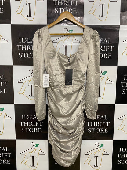 AX PARIS |M| BUST 15| A32| CHAMPAGNE SATIN RUCHED SQUARE-NECK LONG-SLEEVE MIDI DRESS