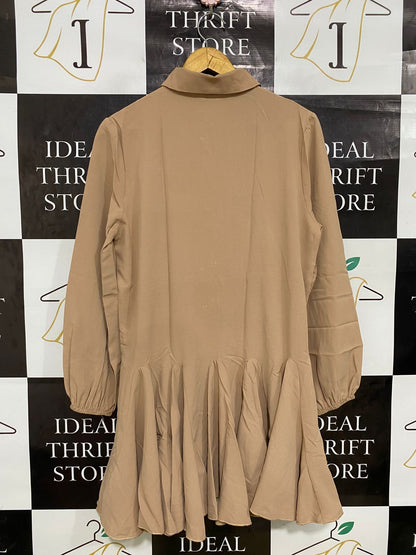NEW LOOK |M| BUST 19| A32| CAMEL BUTTON-DOWN DROP-WAIST PLEATED-HEM MINI DRESS