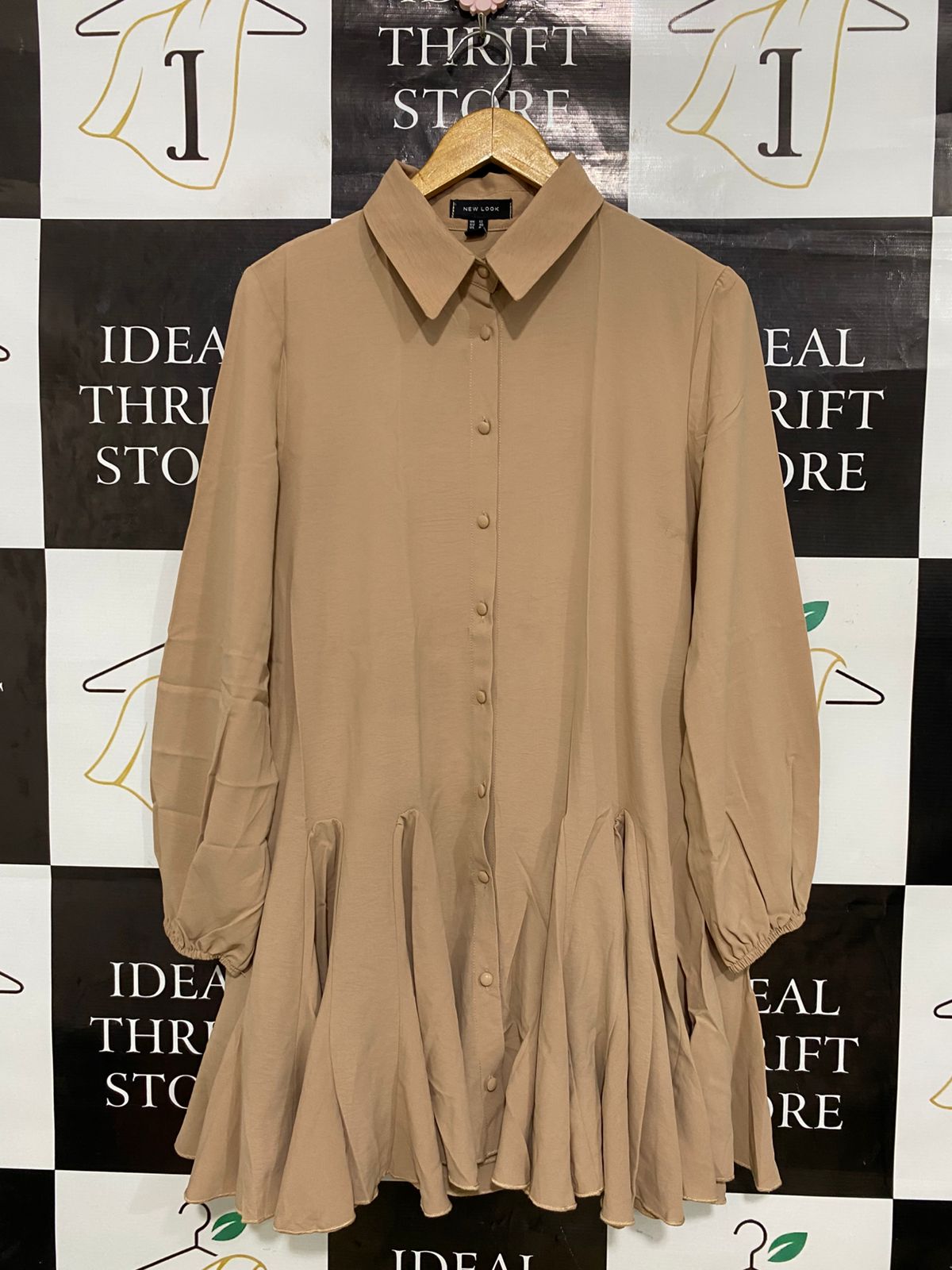NEW LOOK |M| BUST 19| A32| CAMEL BUTTON-DOWN DROP-WAIST PLEATED-HEM MINI DRESS