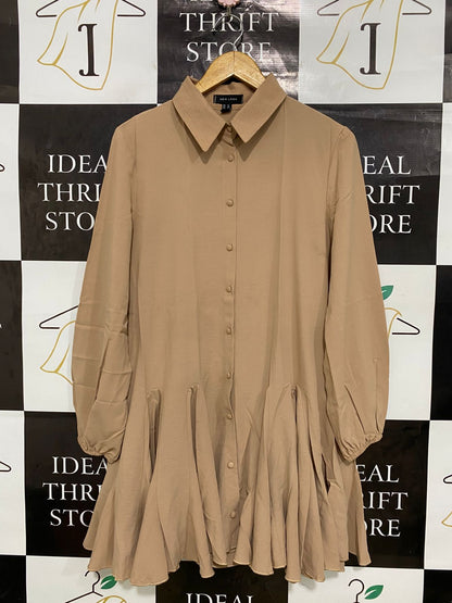 NEW LOOK |M| BUST 19| A32| CAMEL BUTTON-DOWN DROP-WAIST PLEATED-HEM MINI DRESS