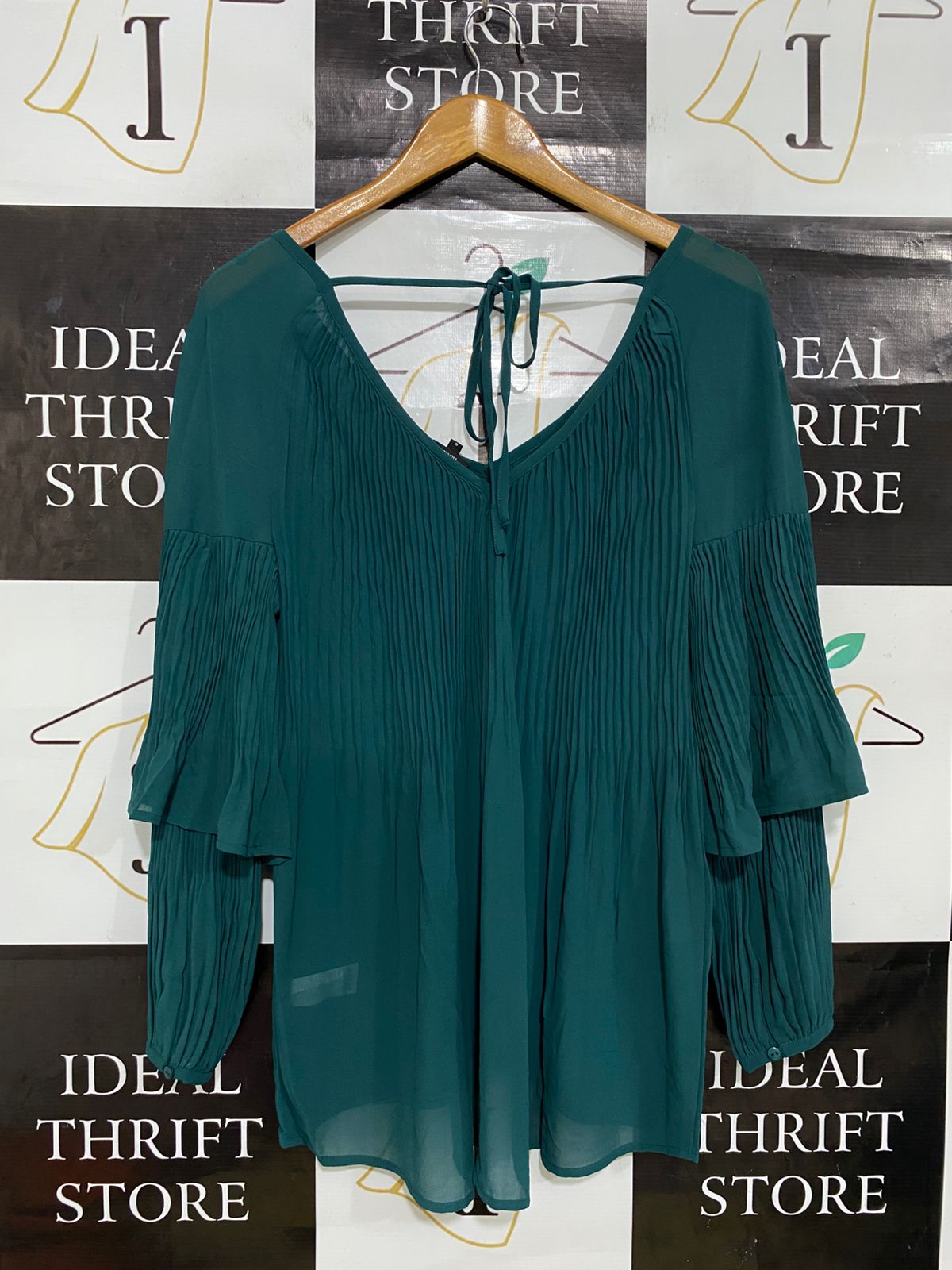 RIVER ISLAND |M| BUST 20| A32| EMERALD GREEN PLEATED TIERED-SLEEVE TIE-BACK BLOUSE