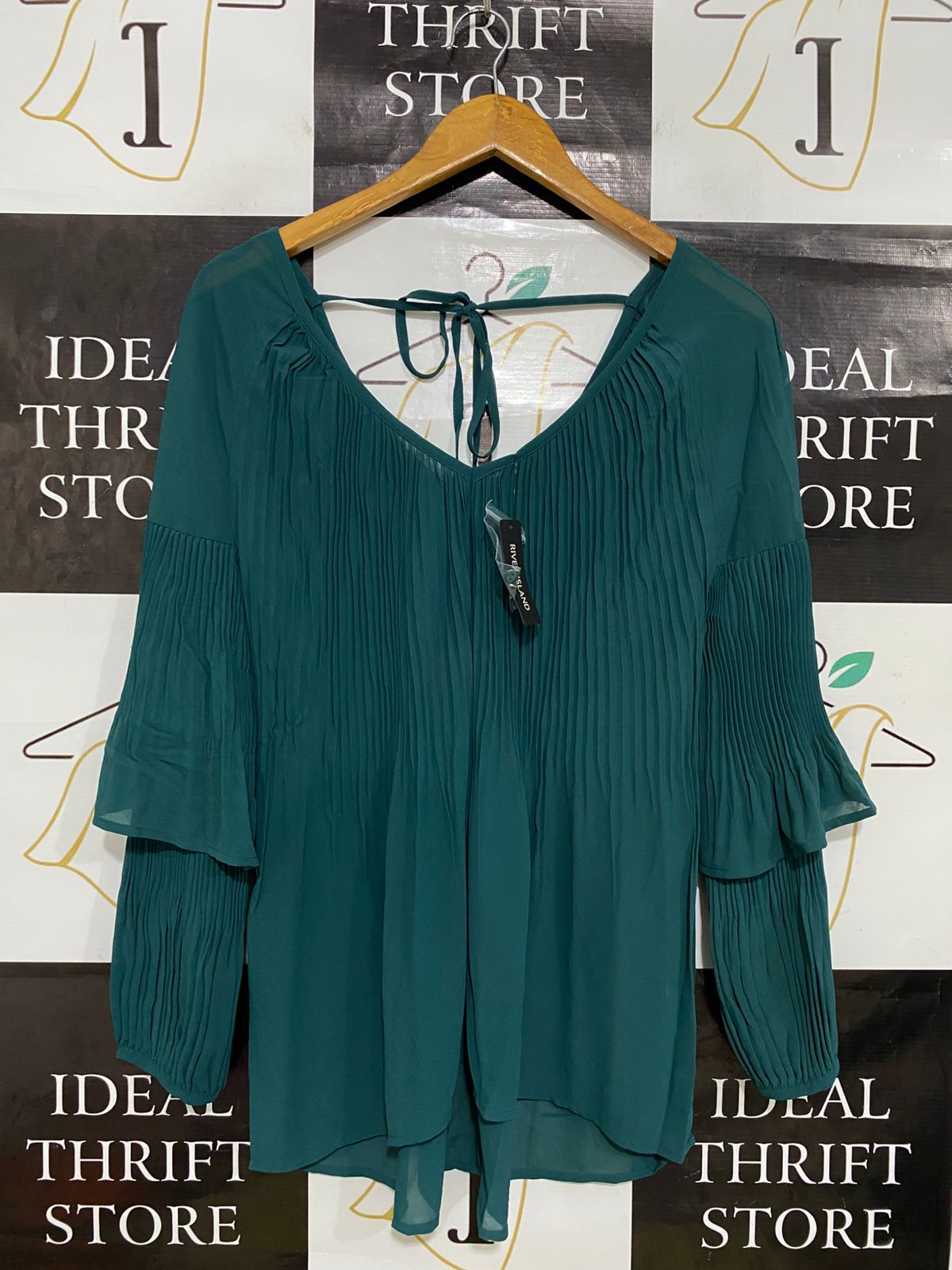 RIVER ISLAND |M| BUST 20| A32| EMERALD GREEN PLEATED TIERED-SLEEVE TIE-BACK BLOUSE