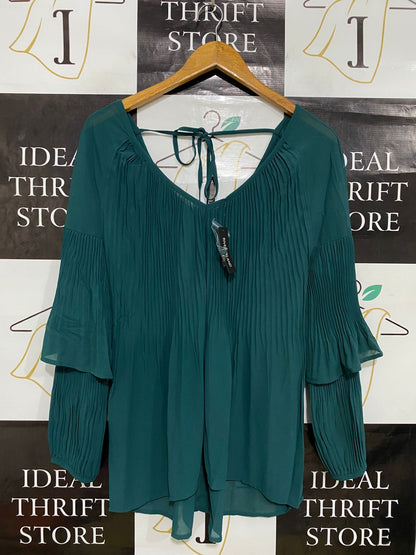 RIVER ISLAND |M| BUST 20| A32| EMERALD GREEN PLEATED TIERED-SLEEVE TIE-BACK BLOUSE