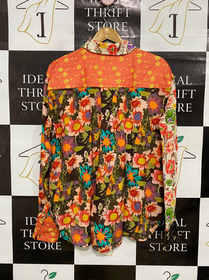 SIEDRES |M| BUST 22| A32| MULTICOLOR PATCHWORK FLORAL COLLARED LONG-SLEEVE BUTTON-UP SHIRT