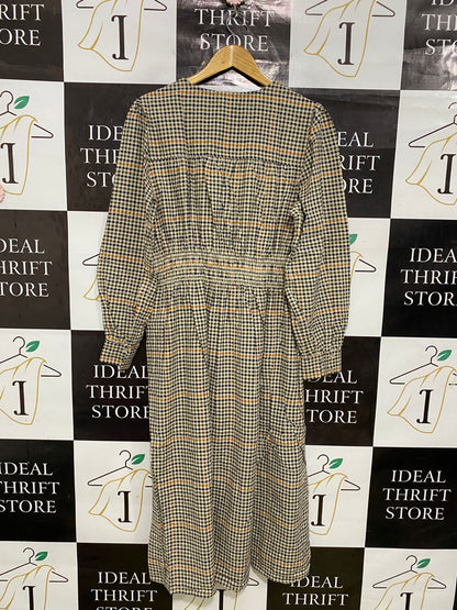 OBJECT |L| BUST 20| A32| BLACK & YELLOW GINGHAM V-NECK SMOCKED-WAIST MIDI DRESS