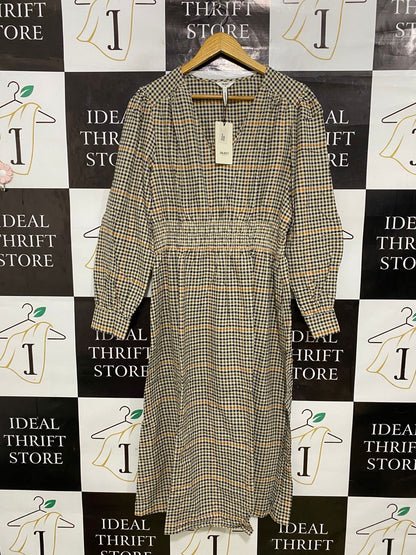 OBJECT |L| BUST 20| A32| BLACK & YELLOW GINGHAM V-NECK SMOCKED-WAIST MIDI DRESS