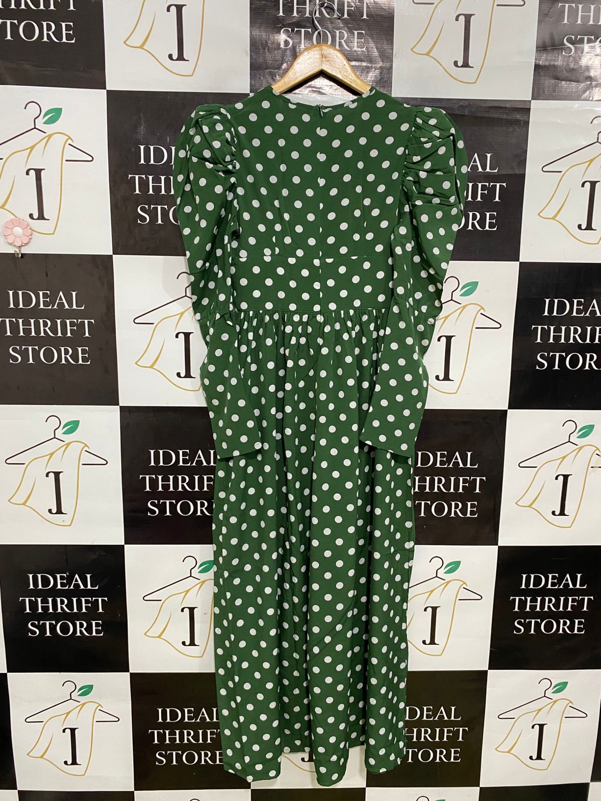 SHEIN |XS| BUST 15| A32| FOREST GREEN & WHITE POLKA DOT PUFF-SLEEVE MIDI DRESS