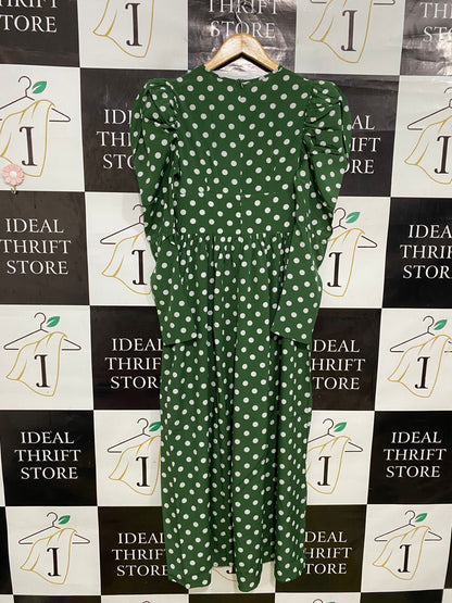 SHEIN |XS| BUST 15| A32| FOREST GREEN & WHITE POLKA DOT PUFF-SLEEVE MIDI DRESS