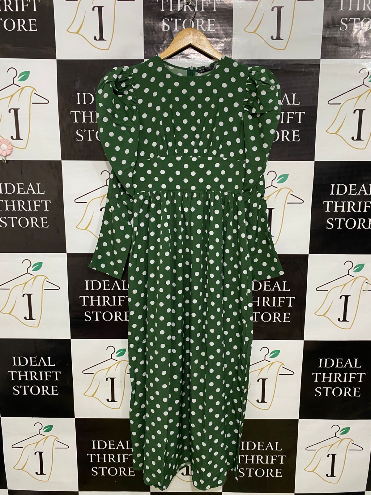 SHEIN |XS| BUST 15| A32| FOREST GREEN & WHITE POLKA DOT PUFF-SLEEVE MIDI DRESS
