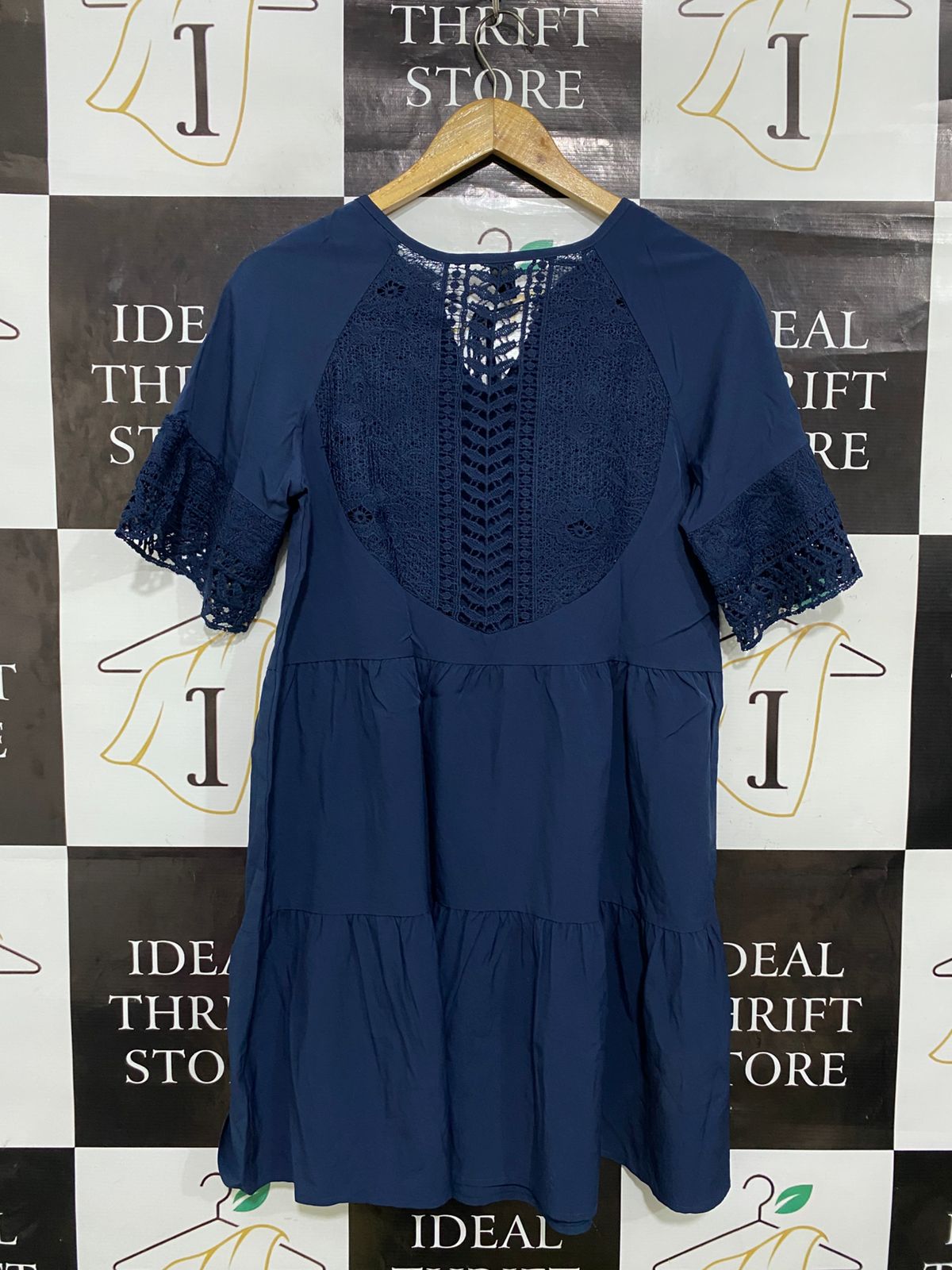 SHEIN |S| BUST 18| A32| NAVY BLUE LACE-INSET TIERED TIE-FRONT MINI DRESS