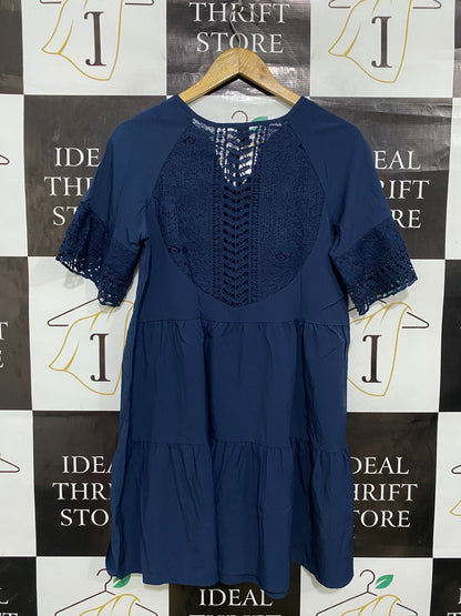 SHEIN |S| BUST 18| A32| NAVY BLUE LACE-INSET TIERED TIE-FRONT MINI DRESS