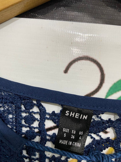 SHEIN |S| BUST 18| A32| NAVY BLUE LACE-INSET TIERED TIE-FRONT MINI DRESS