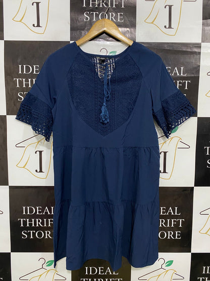 SHEIN |S| BUST 18| A32| NAVY BLUE LACE-INSET TIERED TIE-FRONT MINI DRESS