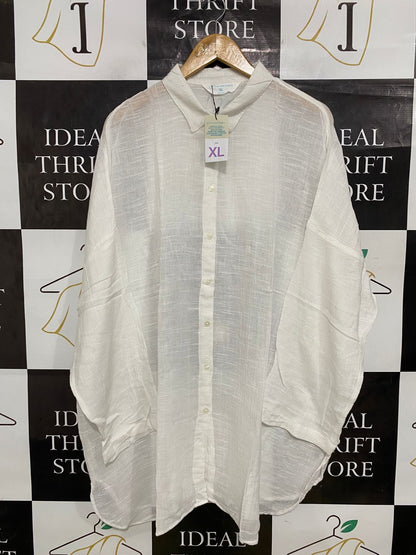 PRIMARK CARES |XL| BUST FREE| A32| WHISTLES OFF-WHITE OVERSIZED LINEN-BLEND COLLARED BUTTON-UP SHIRT
