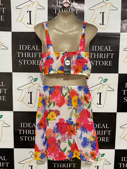 BOOHOO |L| A32| VIBRANT MULTICOLOR FLORAL CROP TOP & TIE-FRONT SARONG SKIRT CO-ORD SET
