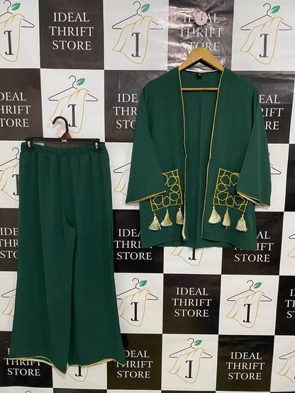 SHEIN |M| A32| EMERALD GREEN GOLD-TRIMMED EMBROIDERED POCKET OPEN-FRONT CARDIGAN & PANTS CO-ORD SET