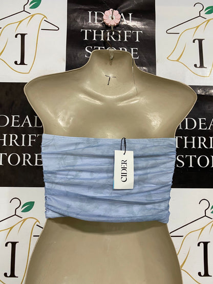 CIDER |XS| BUST 13| A32| BABY BLUE MESH RUCHED STRAPLESS BANDEAU CROP TOP
