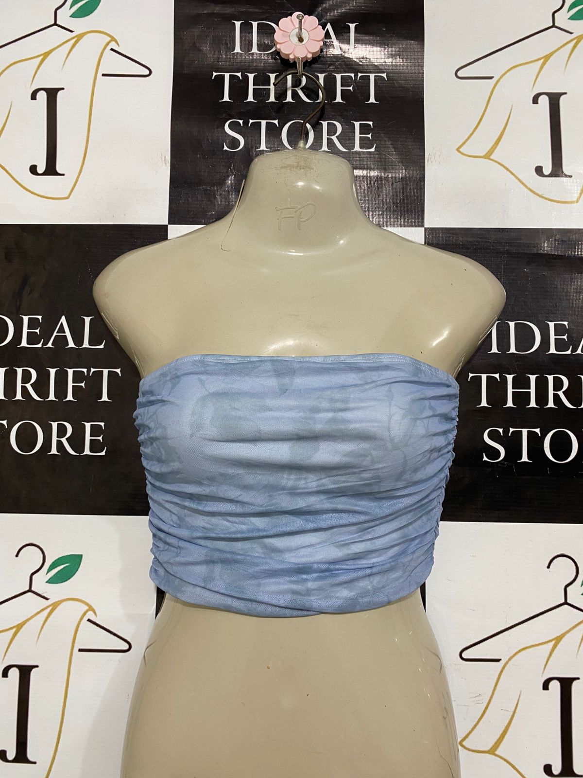 CIDER |XS| BUST 13| A32| BABY BLUE MESH RUCHED STRAPLESS BANDEAU CROP TOP