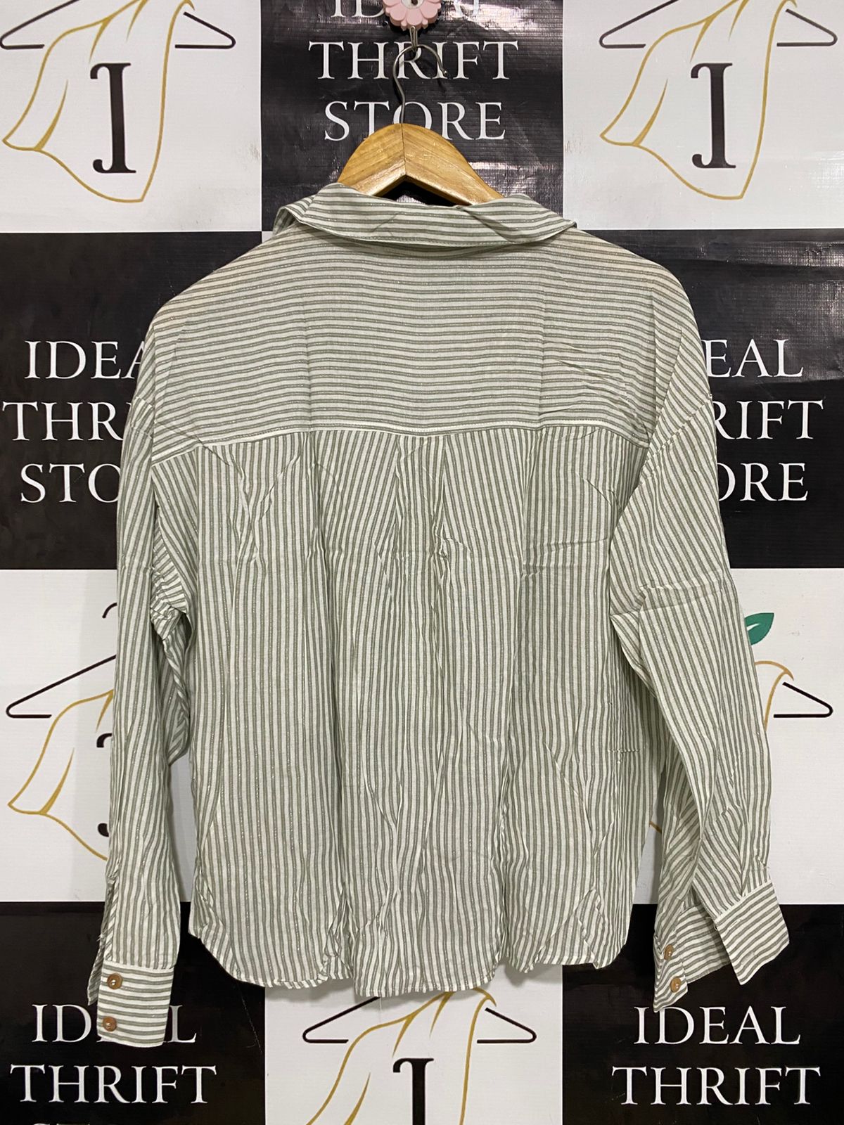 ZARA |M| BUST 23| A32| OLIVE GREEN & WHITE STRIPED FRONT-KNOT LONG-SLEEVE SHIRT