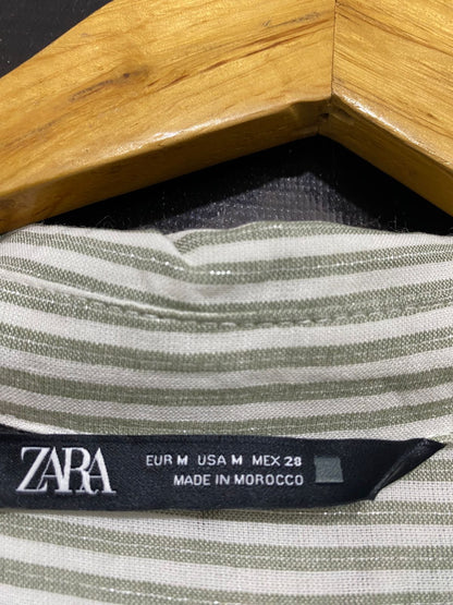 ZARA |M| BUST 23| A32| OLIVE GREEN & WHITE STRIPED FRONT-KNOT LONG-SLEEVE SHIRT