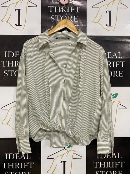 ZARA |M| BUST 23| A32| OLIVE GREEN & WHITE STRIPED FRONT-KNOT LONG-SLEEVE SHIRT