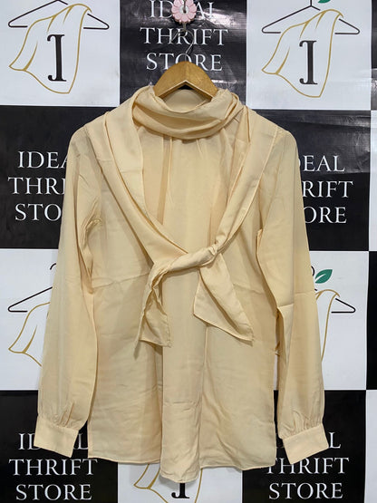 SISLEY |L| BUST 19| A32| CREAM SILKY TIE-NECK COWL-COLLAR LONG-SLEEVE BLOUSE
