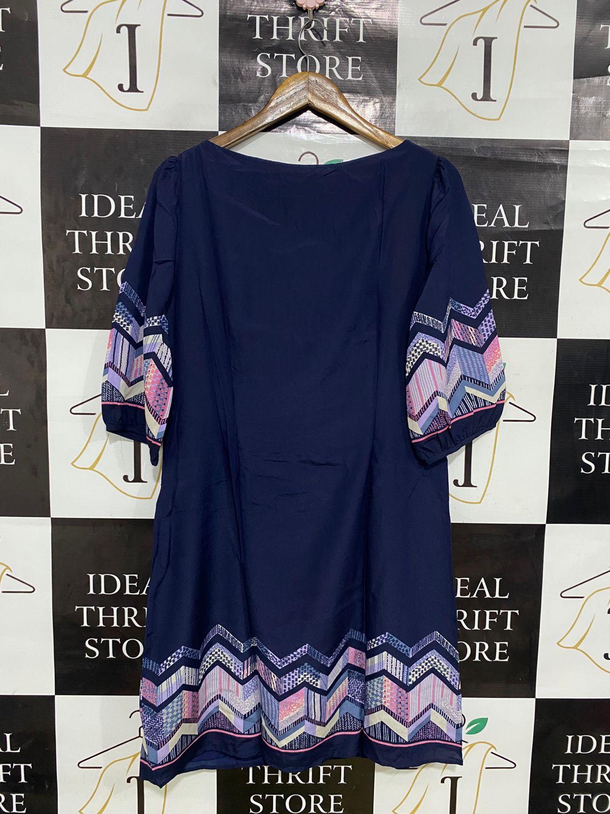 MONSOON |M| BUST 19| A32| NAVY BLUE CHEVRON GEOMETRIC PRINT SHIFT DRESS