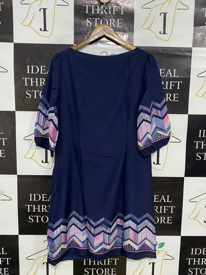 MONSOON |M| BUST 19| A32| NAVY BLUE CHEVRON GEOMETRIC PRINT SHIFT DRESS