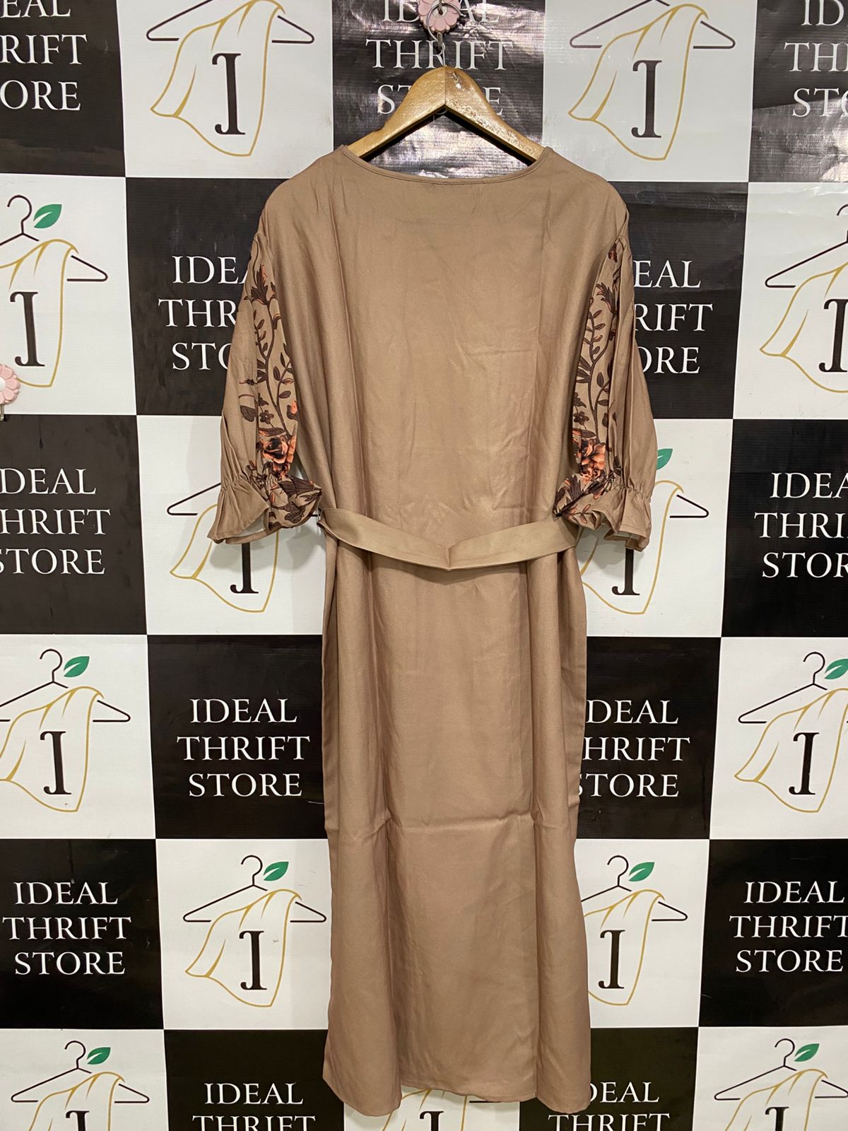 SHEIN |M| BUST 22| A32| KHAKI & BROWN FLORAL ASYMMETRIC-BUTTON BELTED MIDI DRESS