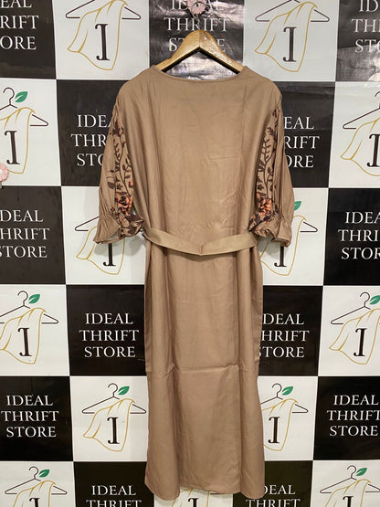 SHEIN |M| BUST 22| A32| KHAKI & BROWN FLORAL ASYMMETRIC-BUTTON BELTED MIDI DRESS