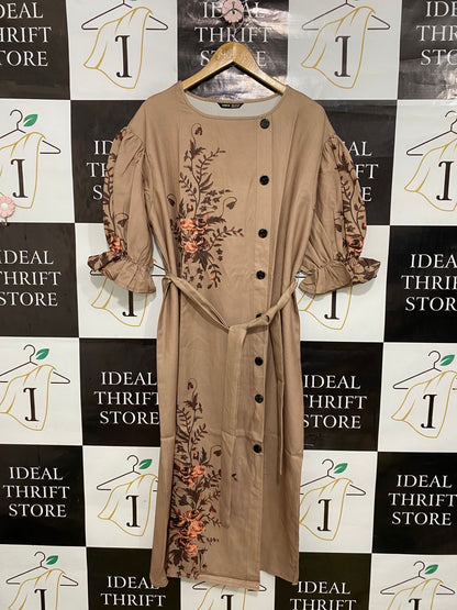 SHEIN |M| BUST 22| A32| KHAKI & BROWN FLORAL ASYMMETRIC-BUTTON BELTED MIDI DRESS