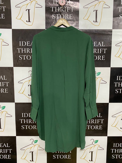 MARINA KANEVA |L| BUST 22| A32| EMERALD GREEN BAND-COLLAR LONG-LINE BUTTON-UP TUNIC SHIRT