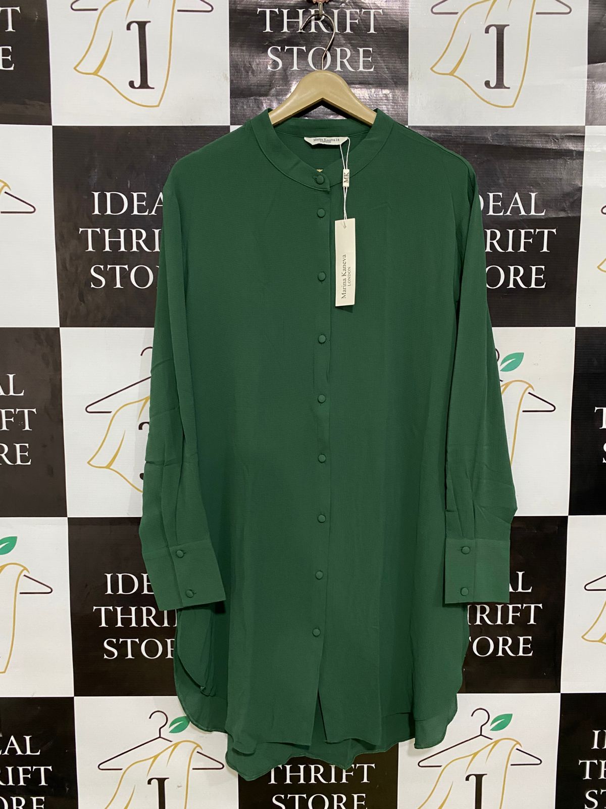 MARINA KANEVA |L| BUST 22| A32| EMERALD GREEN BAND-COLLAR LONG-LINE BUTTON-UP TUNIC SHIRT