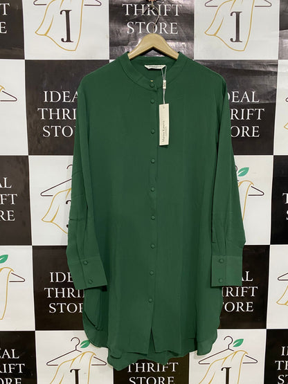 MARINA KANEVA |L| BUST 22| A32| EMERALD GREEN BAND-COLLAR LONG-LINE BUTTON-UP TUNIC SHIRT