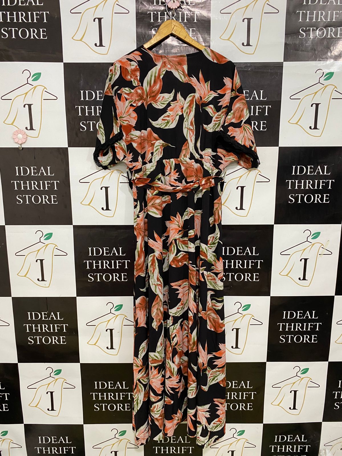 |XL| BUST FREE| A32| BLACK & RUST TROPICAL LEAF V-NECK BELTED MAXI DRESS
