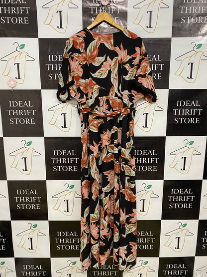 |XL| BUST FREE| A32| BLACK & RUST TROPICAL LEAF V-NECK BELTED MAXI DRESS