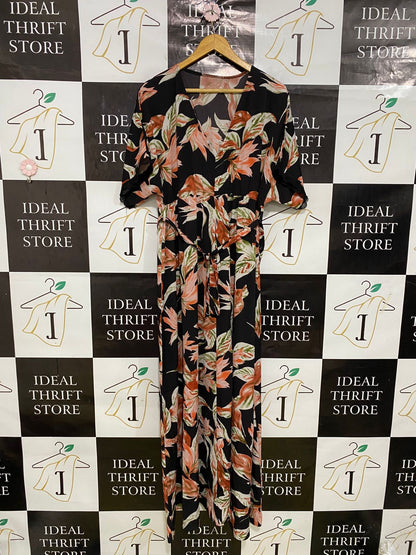 |XL| BUST FREE| A32| BLACK & RUST TROPICAL LEAF V-NECK BELTED MAXI DRESS