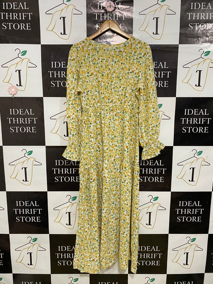 |L| BUST 18| A32| YELLOW & WHITE FLORAL TIERED LONG-SLEEVE MIDI DRESS
