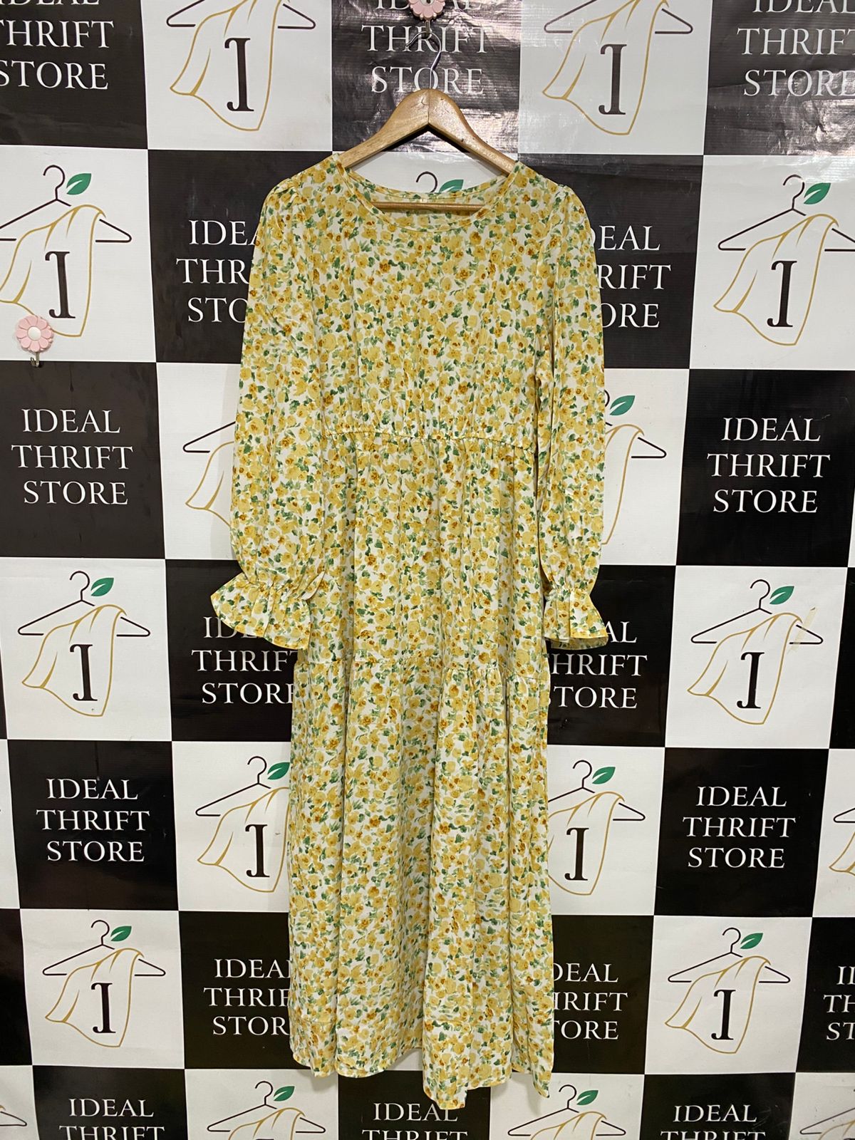 |L| BUST 18| A32| YELLOW & WHITE FLORAL TIERED LONG-SLEEVE MIDI DRESS