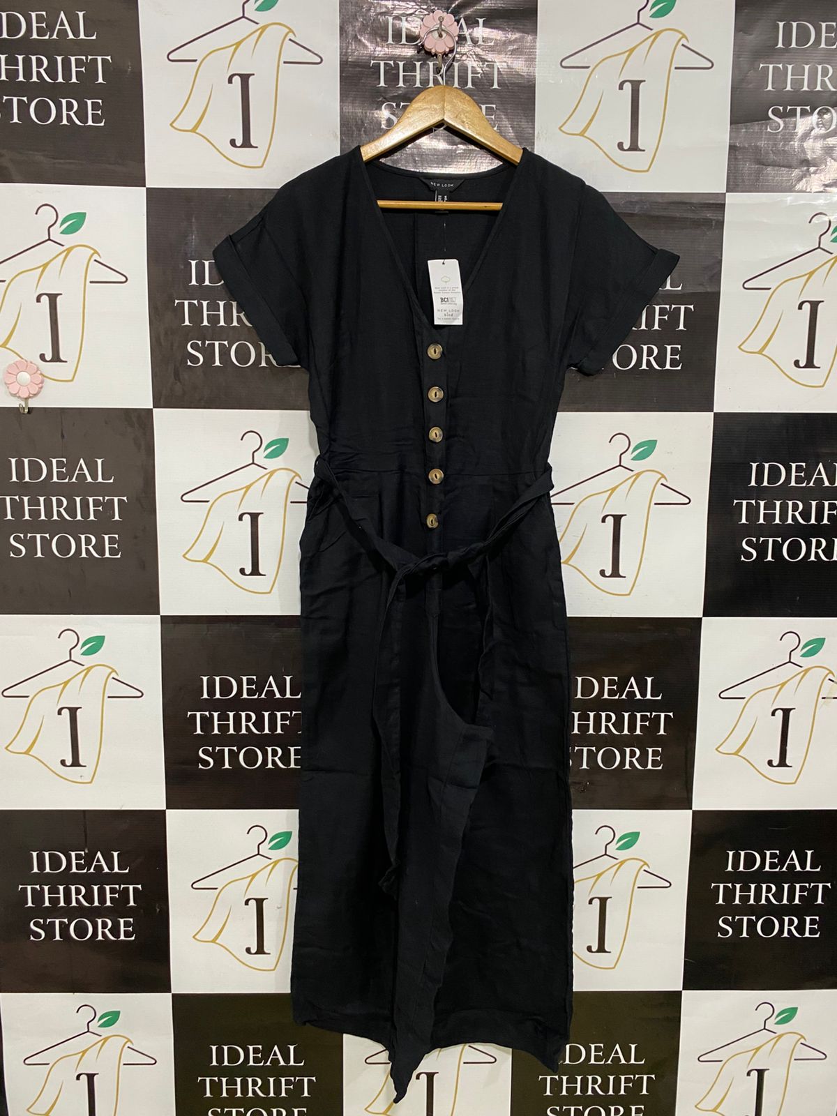 NEW NOOK |S| BUST FREE| A32| BLACK BUTTON-FRONT SHORT-SLEEVE BELTED JUMPSUIT