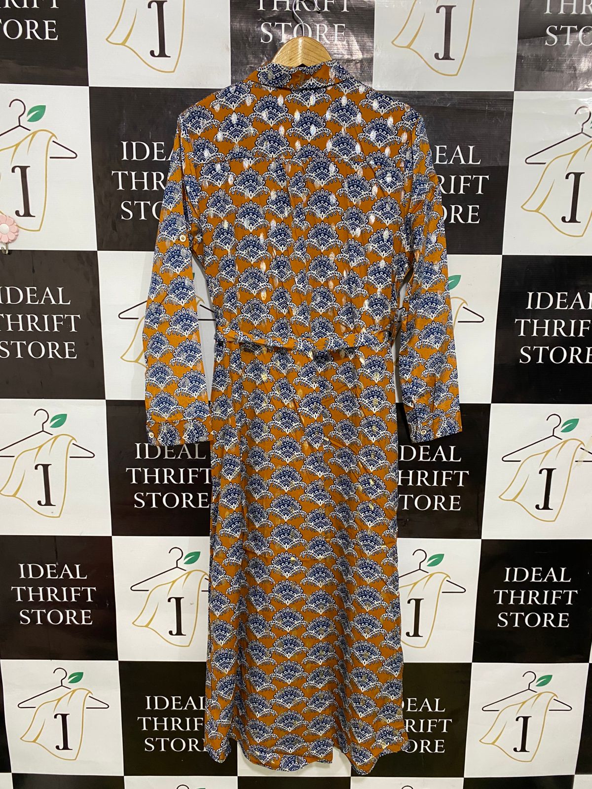 BEST LIVE |XL| BUST 20| A32| MUSTARD & BLUE ORNAMENTAL SCALLOP-PRINT BUTTON-FRONT BELTED MAXI DRESS