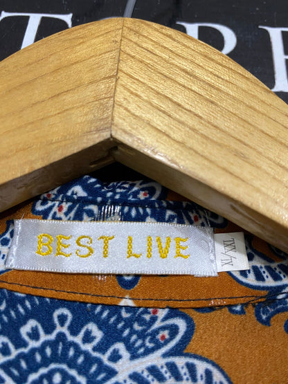 BEST LIVE |XL| BUST 20| A32| MUSTARD & BLUE ORNAMENTAL SCALLOP-PRINT BUTTON-FRONT BELTED MAXI DRESS