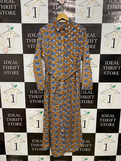 BEST LIVE |XL| BUST 20| A32| MUSTARD & BLUE ORNAMENTAL SCALLOP-PRINT BUTTON-FRONT BELTED MAXI DRESS