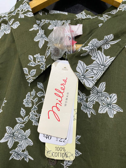 MILLERA |XL| BUST 24| A32| OLIVE GREEN & WHITE FLORAL PRINT BUTTON-UP TUNIC SHIRT