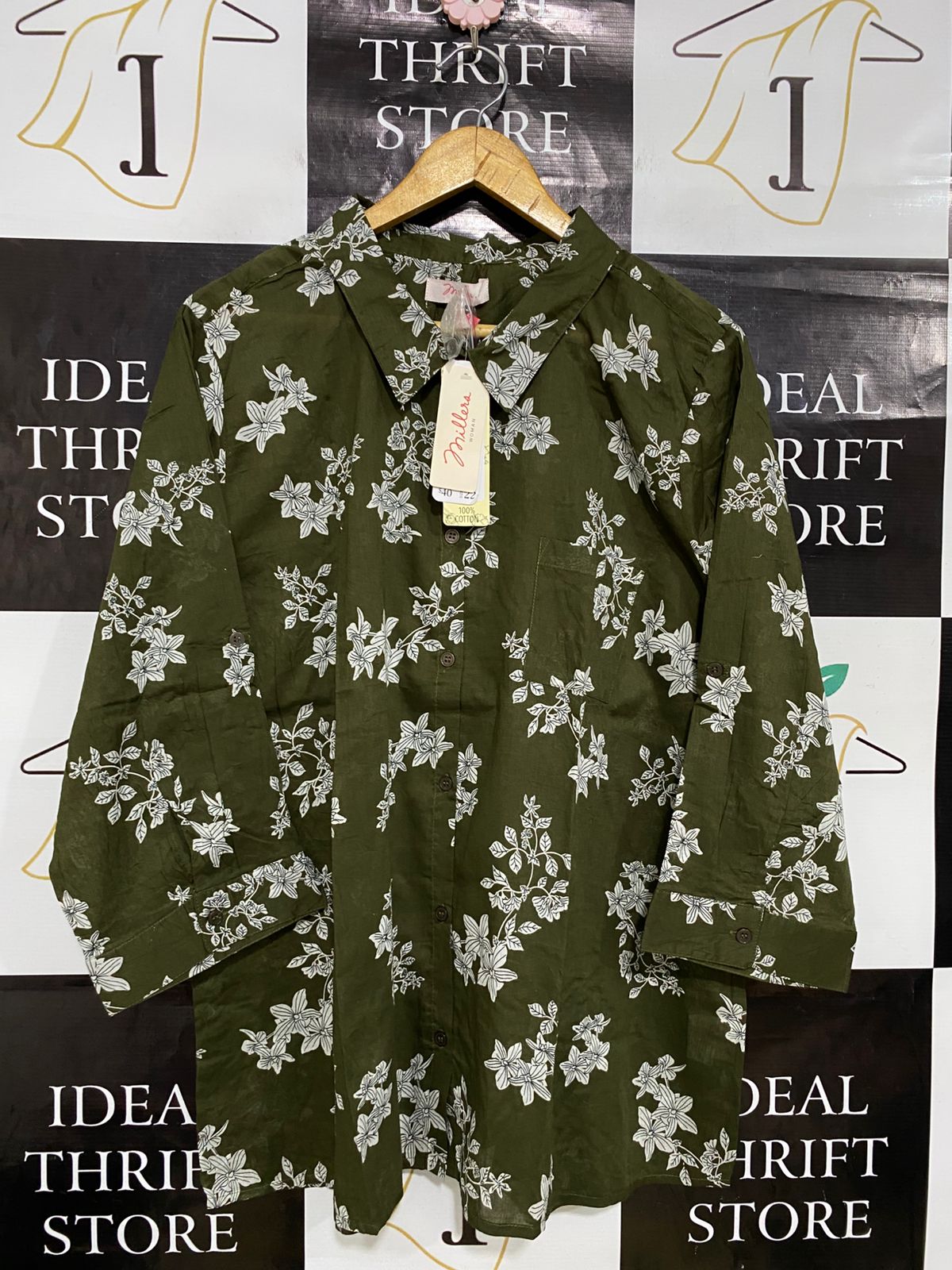 MILLERA |XL| BUST 24| A32| OLIVE GREEN & WHITE FLORAL PRINT BUTTON-UP TUNIC SHIRT